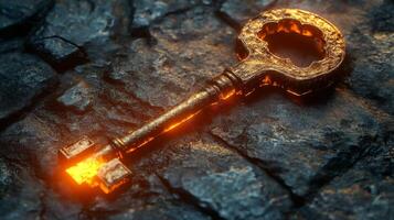 An old key with glowing light on it photo