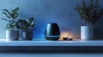 A blue light is on a shelf with three potted plants photo