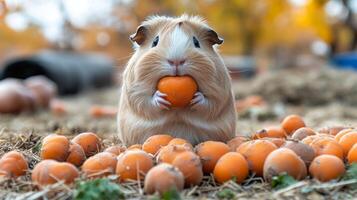 A guinea pig eating an orange photo