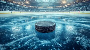 An ice hockey puck sits on top of an ice rink photo