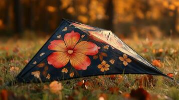 A kite with a flower design on it in the grass photo