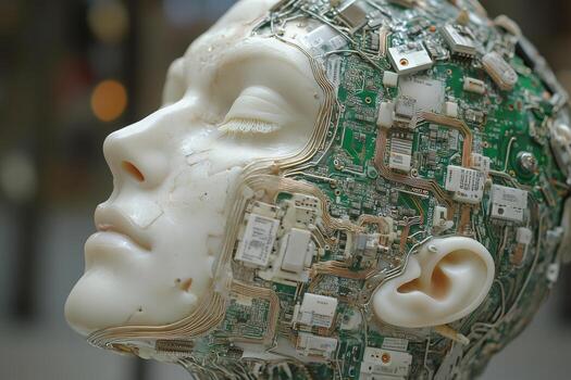 A white and green head with a circuit board on it photo