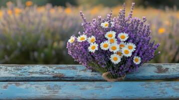 Lavender and daisies on a bench photo