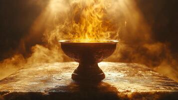 A golden cup with fire coming out of it photo