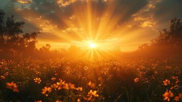 Sunset over a field of flowers photo