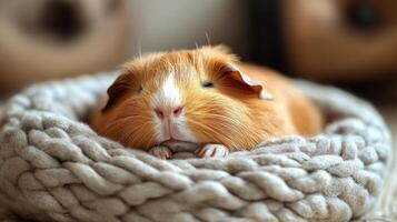 A guinea is curled up in a knitted bed photo