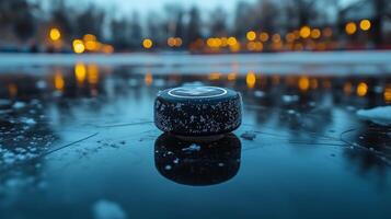 A black and white ball sitting on top of a frozen lake photo