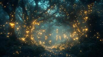 A path through the woods with glowing fireflies photo
