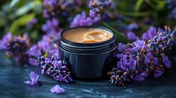 A jar of lavender cream sits on a table surrounded by purple flowers photo