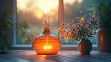 A vase with flowers and a candle on a table photo