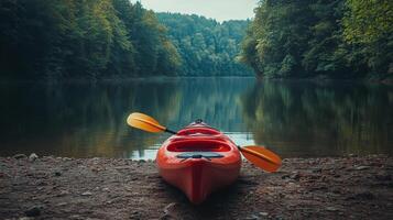 A red kayak sits on the shore of a lake photo