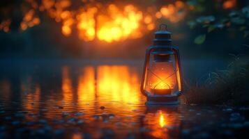 A lantern is sitting on the water at sunset photo