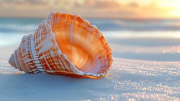 A conch shell on the beach at sunset photo