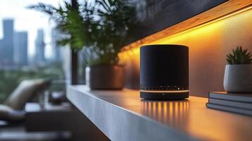 A smart speaker sits on a shelf in a room photo