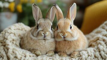 Two rabbits sitting on a blanket photo