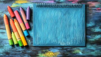 Colorful crayons and notebook on a blue background photo
