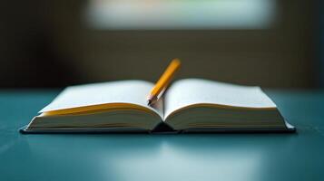 An open book with a pencil on top photo