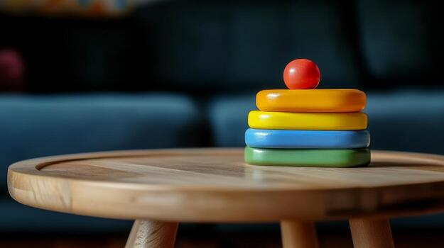 A wooden table with a stack of colorful toys photo