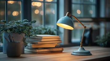 A desk with a lamp and books on it photo