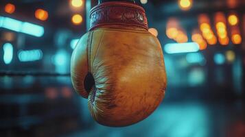 Boxing gloves hanging in a boxing ring photo