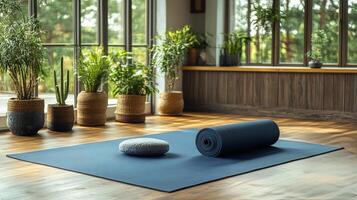 Yoga mat and yoga mat in a room with plants photo