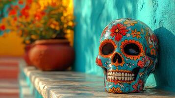 A colorful sugar skull sitting on a ledge photo