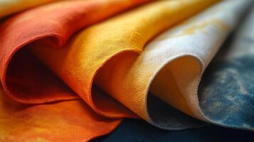 A close up of several different colored fabrics photo