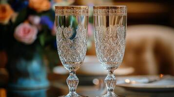 Two champagne flutes on a table photo