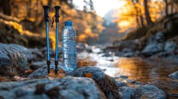 A bottle of water and two walking sticks in the woods photo