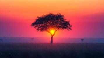 A lone tree in the middle of a field at sunset photo