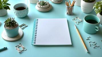 Blank notebook on blue desk with pencils, pens, and plants photo