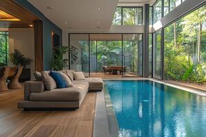 A living room with a pool and a couch photo