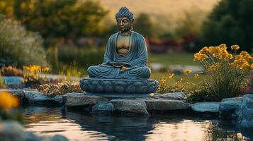 A statue of buddha sitting on a rock near a pond photo