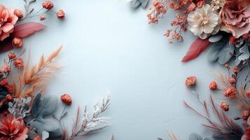 Flowers and leaves on a blue background photo
