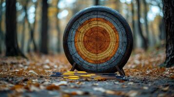 An arrow and target in the middle of a forest photo