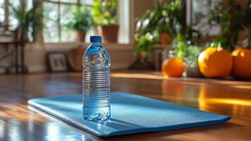 A bottle of water sits on a yoga mat photo