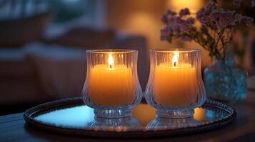 Two candles sit on a tray in front of a couch photo