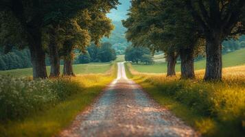 A dirt road leads to a field with trees photo