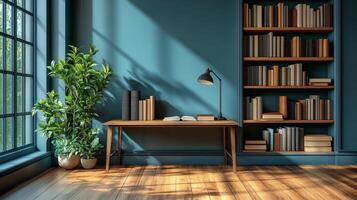 A room with a desk and bookshelves photo