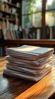 Stack of papers on a wooden table in a library photo