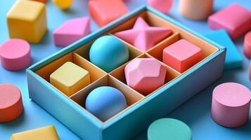 Colorful blocks in a box on a blue background photo