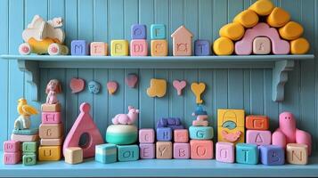 A shelf with colorful blocks and toys on it photo