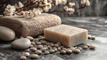 Soap, stones and flowers on a marble counter photo