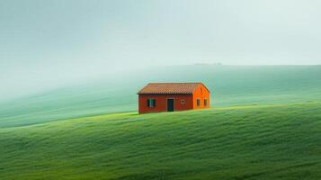 A red house in the middle of a green field photo