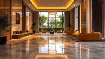 The lobby of a luxury hotel with marble floors and large windows photo