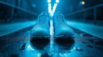 A pair of blue running shoes on a wet surface photo