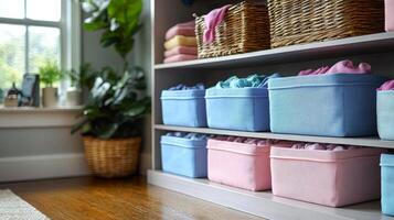 A shelf with baskets of different colors of towels photo