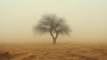 A lone tree stands in the middle of a foggy field photo