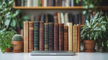 A laptop and books on a table with potted plants photo