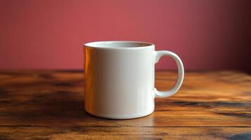A white mug on a wooden table photo